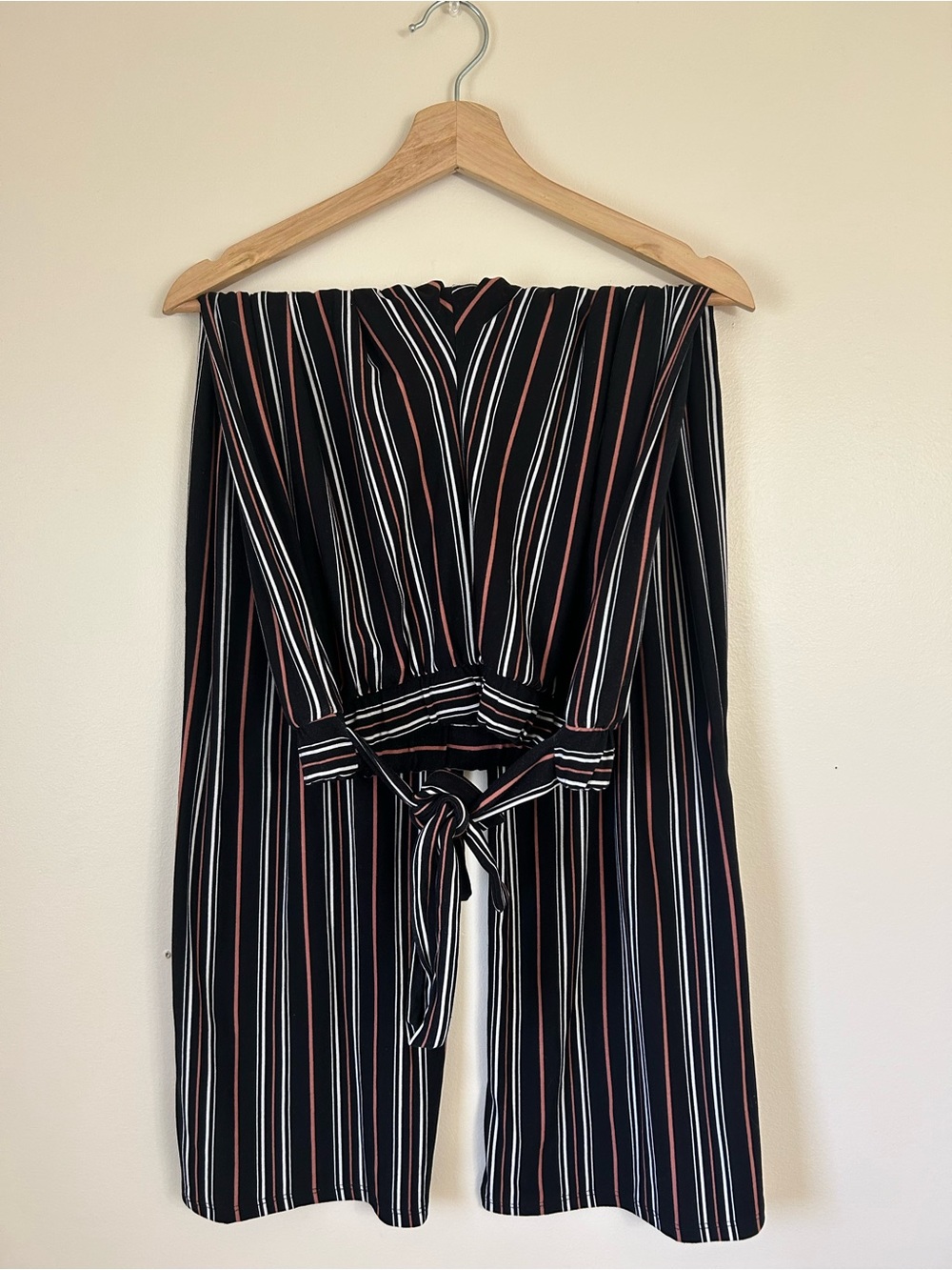 Ardene Striped Wide Leg Pants Black White Rust Tie Waist | Large